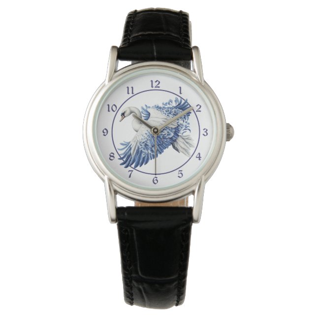Blue Floral Swan Horloge (Voorkant)