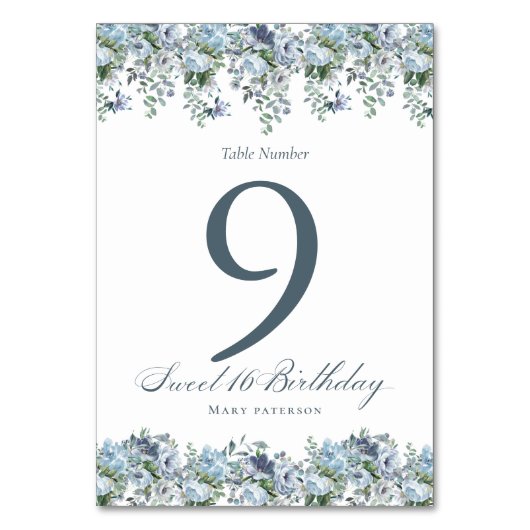 Blue Floral Sweet 16 Verjaardag Tafelnummer (Voorkant)