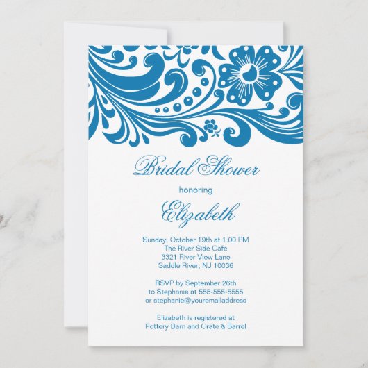 Blue Floral Swirl Bridal Shower Kaart (Voorkant)