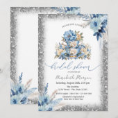 Blue Floral Tea cup Glitter Lijst Baby shower Kaart (Voorkant / Achterkant)