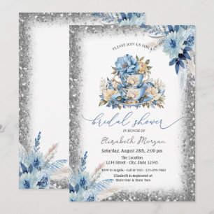 Blue Floral Tea cup Glitter Lijst Baby shower Kaart