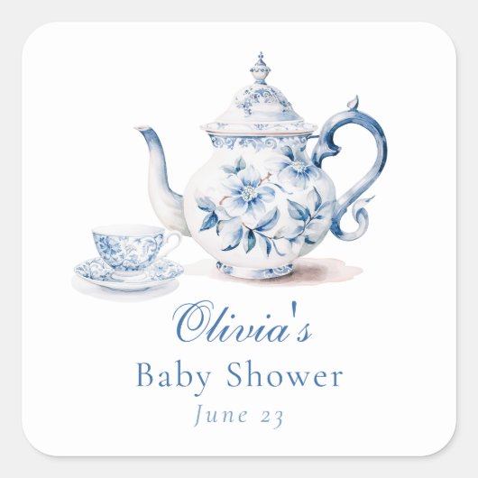 Blue Floral Tea Party Baby shower Vierkante Sticker (Voorkant)