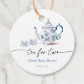 Blue Floral Tea Party Twin Baby shower Bedankjes Labels (Voorkant)