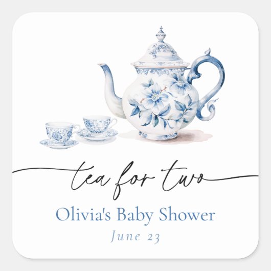 Blue Floral Tea Party Twin Baby shower Vierkante Sticker (Voorkant)