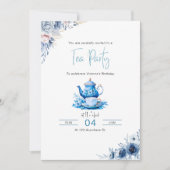 Blue Floral Tea Party Verjaardag Uitnodiging (Voorkant)