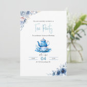 Blue Floral Tea Party Verjaardag Uitnodiging (Staand voorkant)