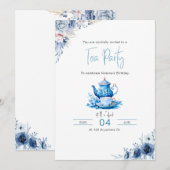 Blue Floral Tea Party Verjaardag Uitnodiging (Voorkant / Achterkant)