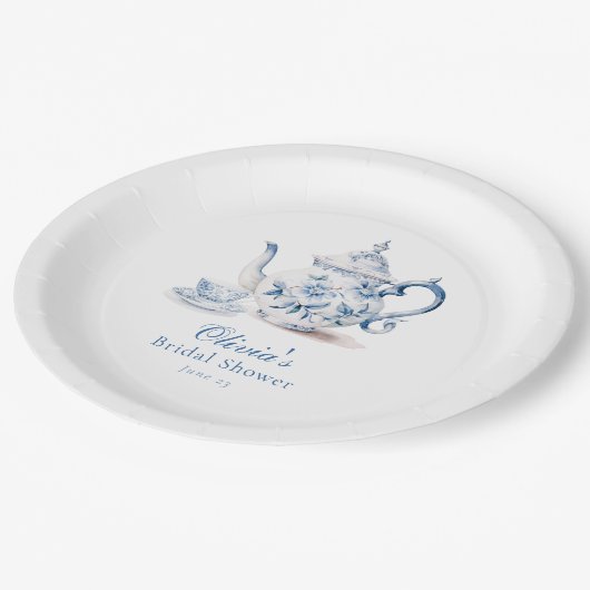 Blue Floral Tea Party Vrijgezellenfeest Papieren Bordje (Gekanteld)