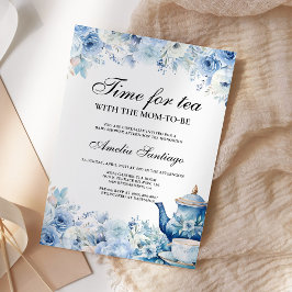 Blue Floral Tea With Mom To Be Baby Shower Invitat Kaart