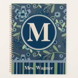 Blue Floral Teacher Gepersonaliseerde Monogram Naa Planner