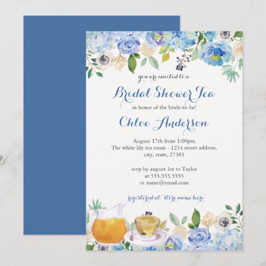Blue Floral Teacup Bruids Douche Uitnodiging (Voorkant / Achterkant)