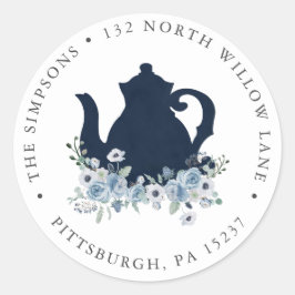 Blue Floral Teapot Return Address Ronde Sticker