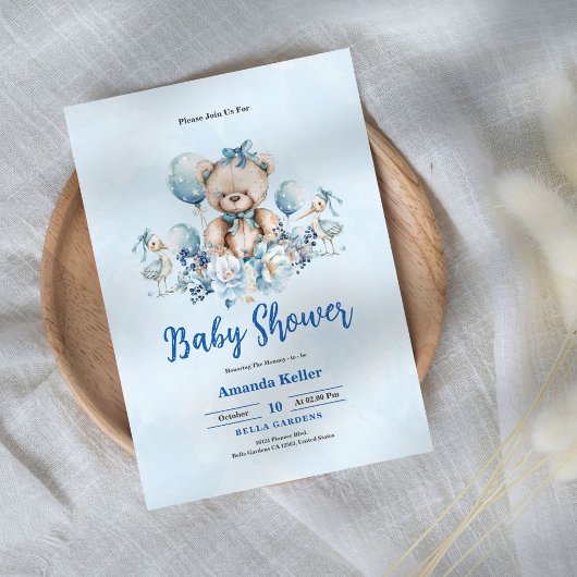 Blue Floral Teddy Bear Baby shower Kaart