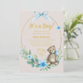 Blue Floral Teddy Bear Het is een Boy Baby shower Kaart (Staand voorkant)