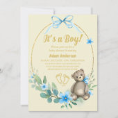 Blue Floral Teddy Bear Het is een Boy Baby shower Kaart (Voorkant)