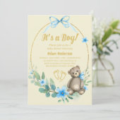 Blue Floral Teddy Bear Het is een Boy Baby shower Kaart (Staand voorkant)