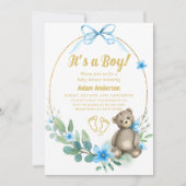 Blue Floral Teddy Bear Het is een Boy Baby shower Kaart (Voorkant)