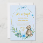 Blue Floral Teddy Bear Het is een Boy Baby shower Kaart (Voorkant)