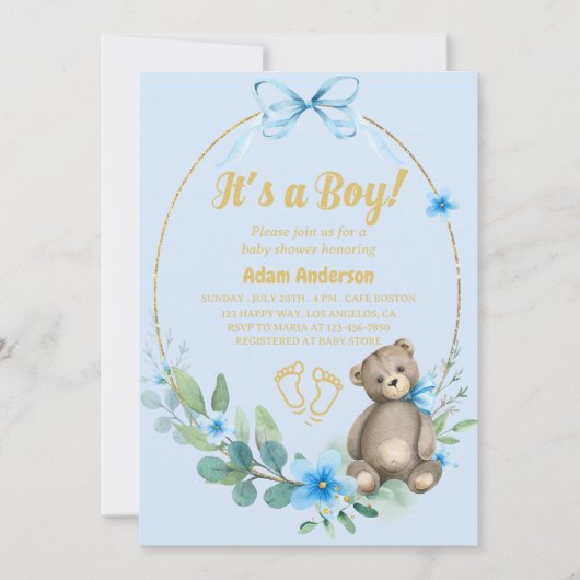 Blue Floral Teddy Bear Het is een Boy Baby shower Kaart (Voorkant)