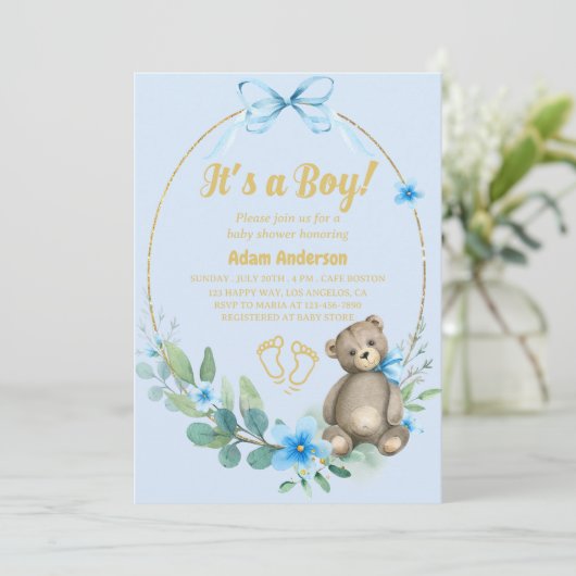 Blue Floral Teddy Bear Het is een Boy Baby shower Kaart (Staand voorkant)