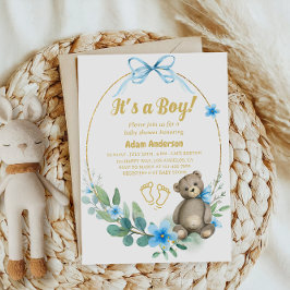 Blue Floral Teddy Bear Het is een Boy Baby shower Kaart