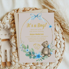 Blue Floral Teddy Bear Het is een Boy Baby shower Kaart