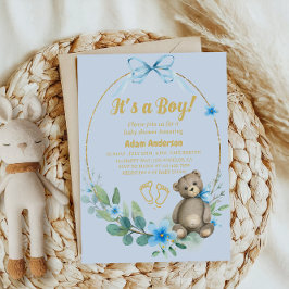 Blue Floral Teddy Bear Het is een Boy Baby shower Kaart