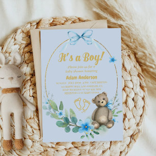 Blue Floral Teddy Bear Het is een Boy Baby shower Kaart