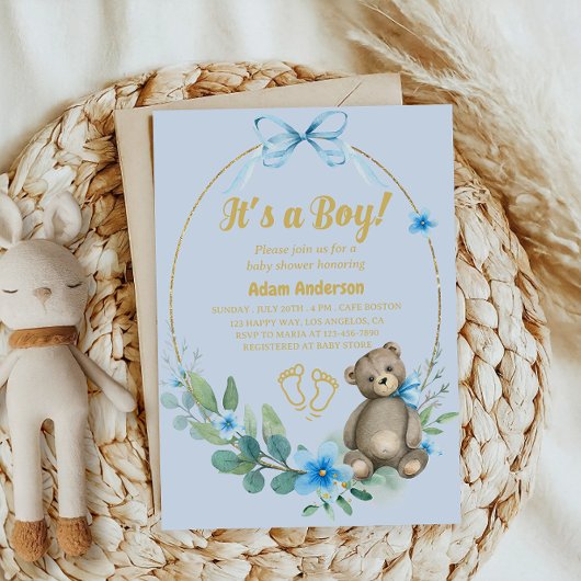 Blue Floral Teddy Bear Het is een Boy Baby shower Kaart