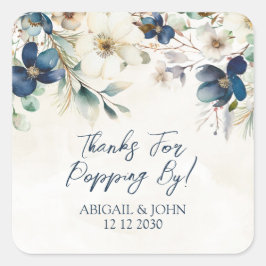 Blue Floral Thanks for Popping By Wedding Tag Vierkante Sticker