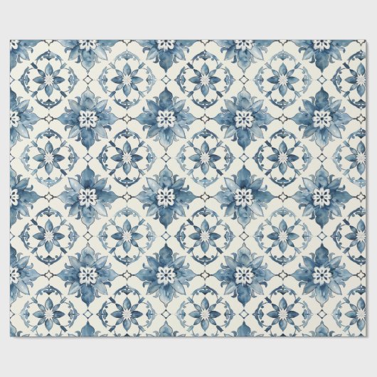 Blue Floral Tile Pattern Gift Wrap Cadeaupapier (Vlak)