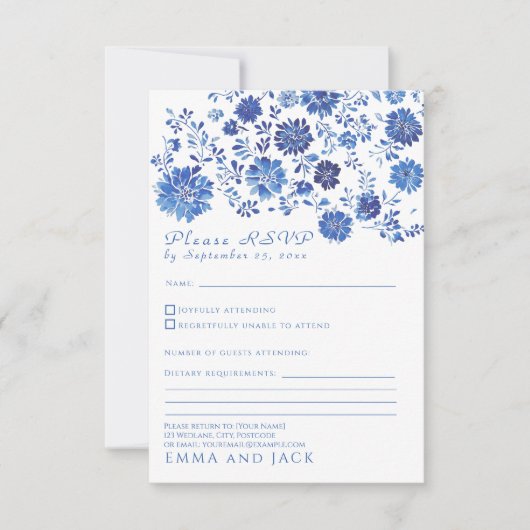 Blue Floral Toile style Wedding RSVP response Card (Voorkant)