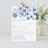 Blue Floral Toile style Wedding RSVP response Card (Staand voorkant)