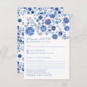 Blue Floral Toile style Wedding RSVP response Card (Voorkant / Achterkant)
