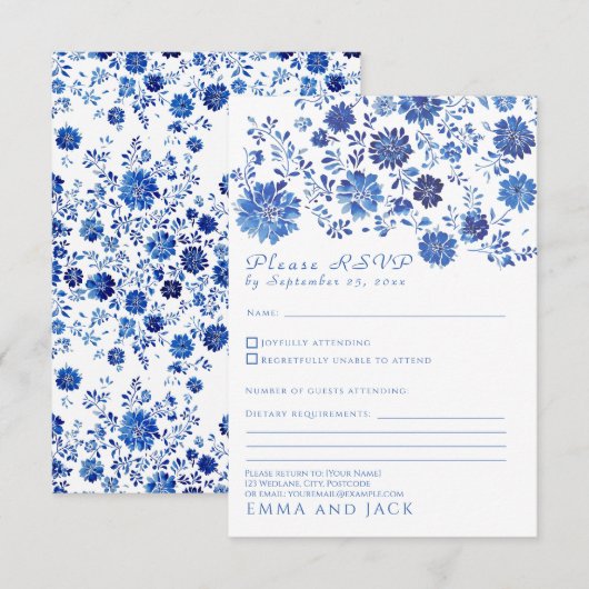 Blue Floral Toile style Wedding RSVP response Card Kaartje (Voorkant / Achterkant)