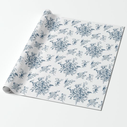 Blue Floral Toile Vintage Bouquet Elegant Cadeaupapier (Uitgerold)