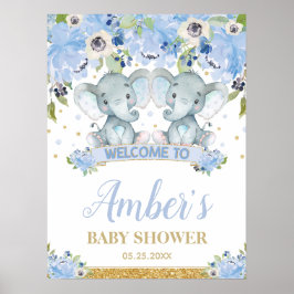 Blue Floral Twin Boys Elephant Baby shower Welkom Poster