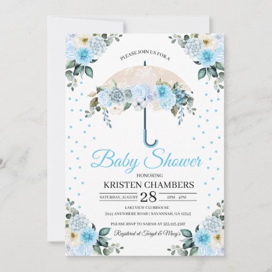 Blue Floral Umbrella Baby shower Invitation Kaart (Voorkant)