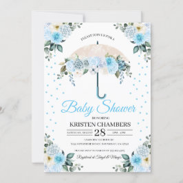 Blue Floral Umbrella Baby shower Invitation Kaart