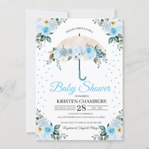 Blue Floral Umbrella Baby shower Invitation Kaart