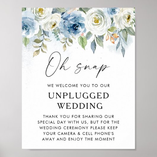 Blue Floral Unplugged Wedding Welcome Sign Poster (Voorkant)
