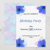 Blue Floral Verjaardag met Pastel Waterverf Kaart (Voorkant / Achterkant)