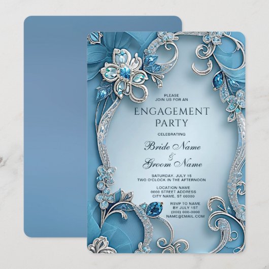 Blue  Floral Verloving Invitation Kaart (Voorkant / Achterkant)