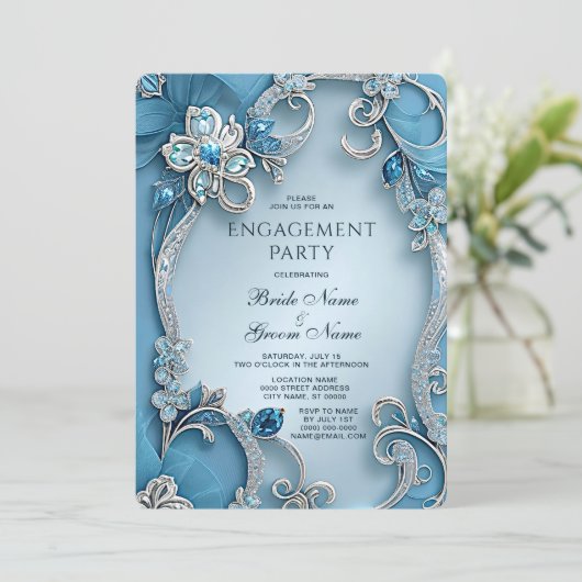 Blue Floral Verloving Invitation Kaart (Staand voorkant)