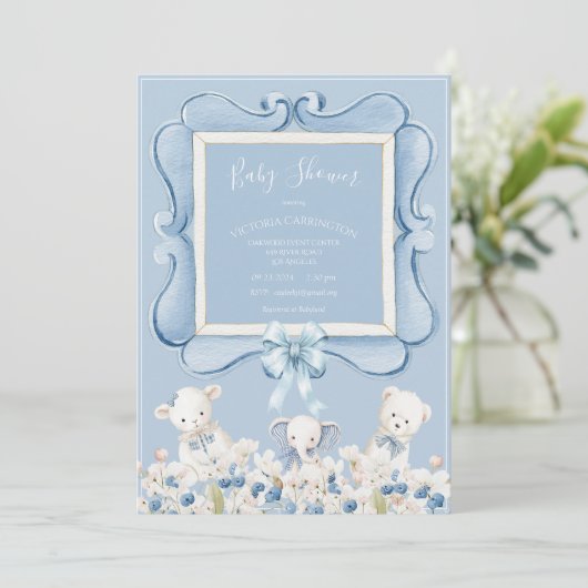 Blue Floral Vintage Animals Baby Shower Kaart (Staand voorkant)