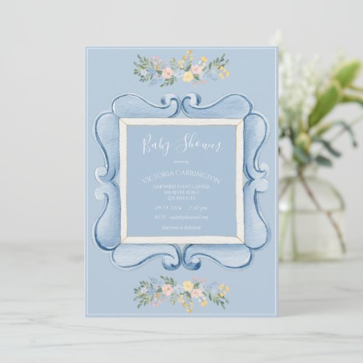 Blue Floral Vintage Baby Shower Kaart (Staand voorkant)