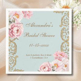 Blue Floral Vintage Peony Christian Bridal Shower Servet