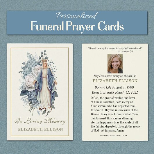 Blue Floral Virgin Mary Funeral Prayer Kaart
