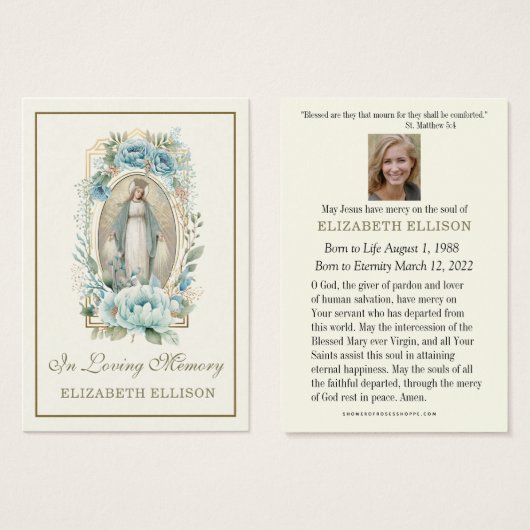 Blue Floral Virgin Mary Funeral Prayer Kaart (Voorkant /achterkant)