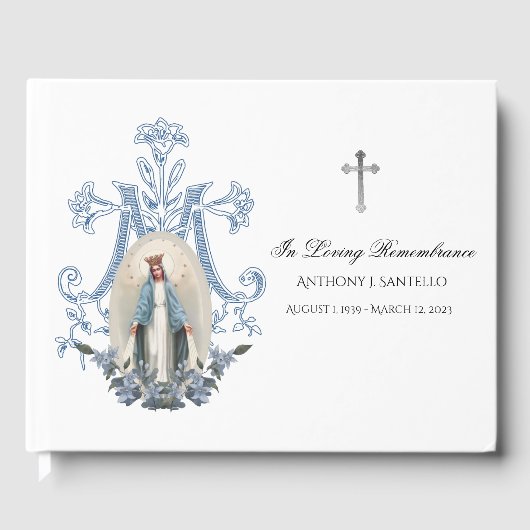 Blue Floral Virgin Mary Memorial Funeral Gastenboek (Voorkant)
